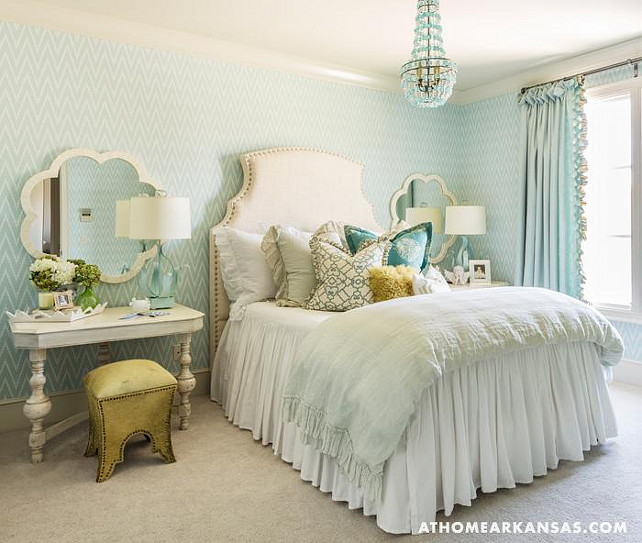Bedroom. Turquoise Bedroom Ideas. Turquoise Bedroom Decor Bedroom with Turquoise Arteriors Duke Chandelier and seaglass blue chevron wallpaper. #Bedroom #Turquoise #TurquoiseBedroom At Home in Arkansas