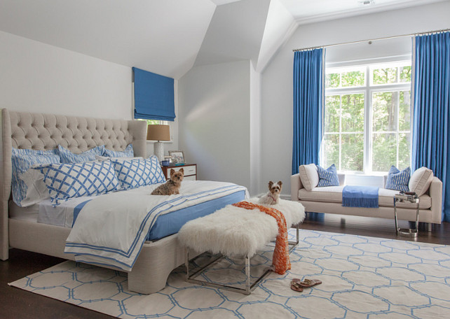 Bedroom. White and Blue bedroom with linen tufted bed. #Bedroom #Blueandwhite #BedroomIdeas #LinenBed #TuftedBed Duneier Design.