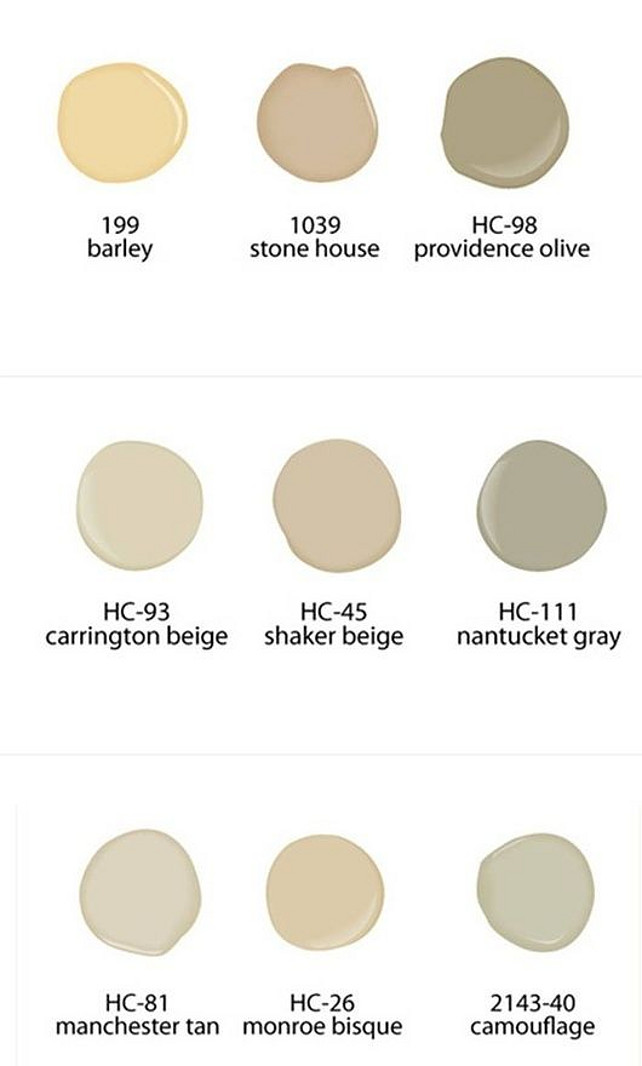Benjamin Moore Neutral Paint Colors. Neutral Paint Colors. Benjamin Moore 199 Barley. Benjamin Moore 1039 Stone House. Benjamin Moore HC-98 Providence Olive. Benjamin Moore HC-93 Carrigngton Beige. Benjamin Moore HC-45 Shaker Beige. Benjamin Moore HC-111 Nantucket Gray. Benjamin Moore HC-81 Manchester Tan. Benjamin Moore HC-26 Monroe Bisque. Benjamin Moore 2143-40 Camouflage. #BenjaminMoorePaintColors
