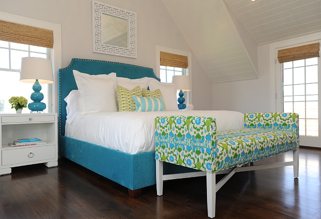 Blue and Green Bedroom. Coastal Blue and Green Bedroom. Wall paint color is BM Horizon. #Blue #Green #Bedroom #BMHorizon Nina Liddle Design.
