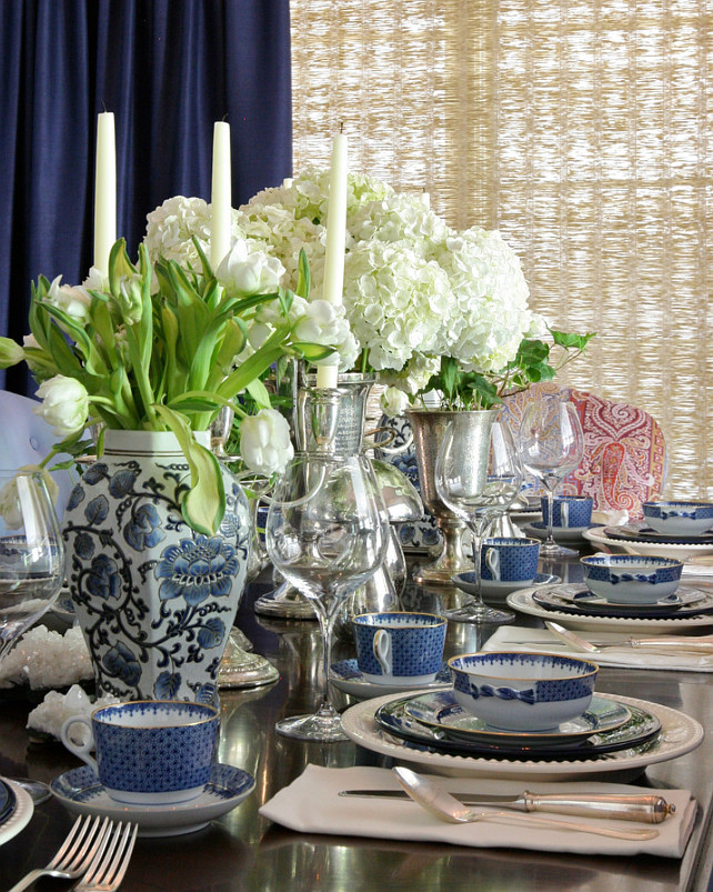 Blue and White Table Decorating Ideas. #Blueandwhite #BlueandwhiteTable #BlueandwhiteTableDecor #BlueandwhiteTableSetting Blue and White Tabletop Decor Summer Thornton Design, Inc.
