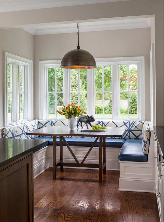 Breakfast Nook Design. banquette banquette seating blue cushion breakfast nook built in bench pendant light #BreakfastNook Janet Mesic Mackie