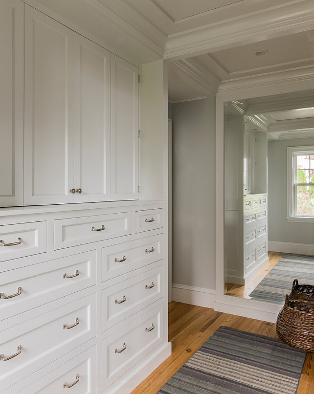 Closet Built ins. Beautiful walk in closet with built ins. This is my kind of walk-in closet, plenty of built-in storage. Everything is hidden, organized and away from dust. The rug is from Landry & Arcari. #Closet #WalkinCloset #Builtin #Storage