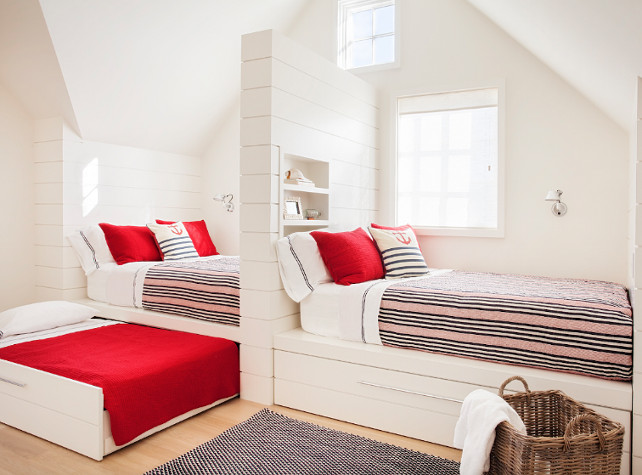 Built-in beds. Cottage Bedroom with built-in beds. Cottage Bedroom with built-in beds and tongue and groove walls. #builtinbeds #Cottage #Bedroom #KidsBedroom #CottageBedroom. Jennifer Palumbo.