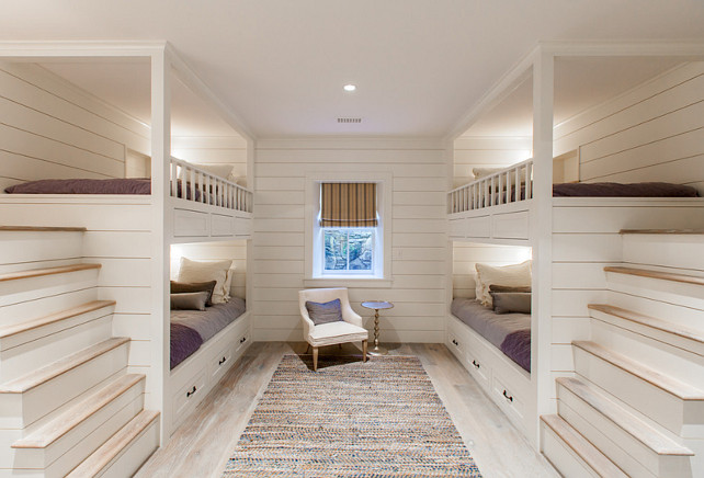 Bunk Room. Bunk Bed Ladder Ideas. The ladders on these bunk beds are safe and placed by the walls, like staircases. #BunkRoom #BunkBeds #ladder #SafeBunkBed Jonathan Raith Inc.