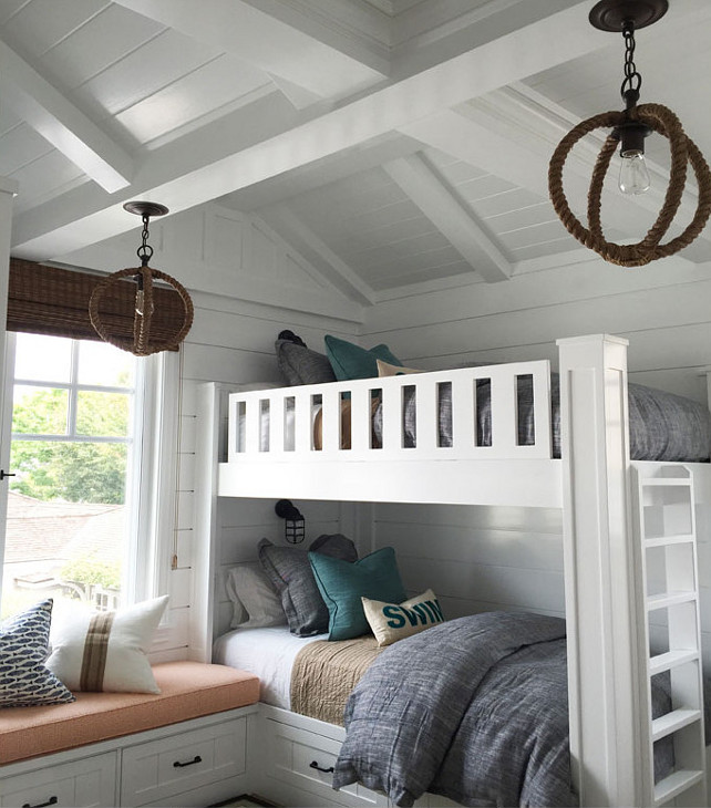Bunk Room Lighting. The Natural Jute Rope and Wrought Iron Pendant Light are from Our Boathouse. Coastal Bunk Room. Coastal Bunk room with built-in bunk beds, built-in storage under window seat, shiplap walls and coastal lighting. #BunkRoom Blackband Design.