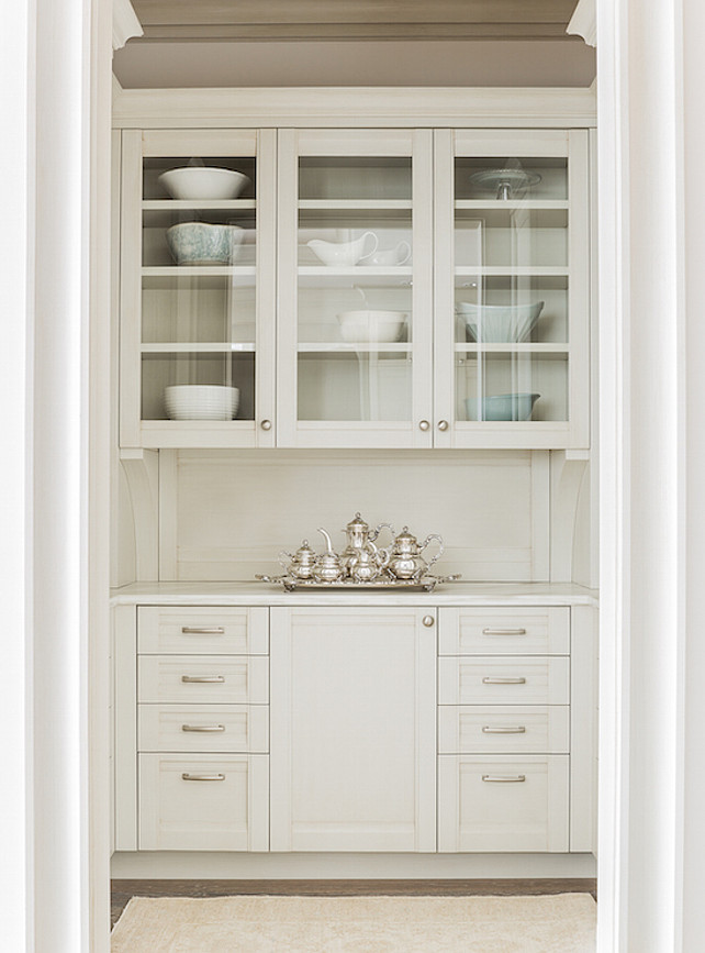 Butler's Pantry. Gray Butler's Pantry Cabinet. Butler's pantry with glass-front upper cabinets. #ButlersPantry Anita Clark Design.