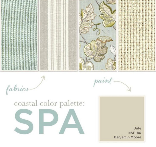 Coastal Color Palette. Paint Color is Benjamin Moore Jute AF-80. Coastal Color Palette with Fabric Ideas.