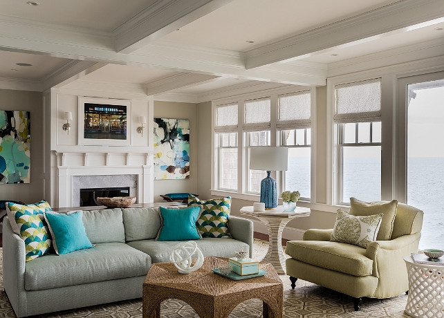 Coastal Living Room. Transitional coastal living room with ocean view. Coastal living room paint color ideas. #LivingRoom #Coastal #BeachHouse #PaintColor Jennifer Palumbo.