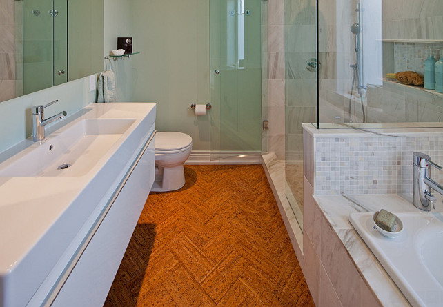 Cork Flooring Ideas. Bathroom with soft and warm cork flooring. Cork Flooring in herringbone pattern. #CorkFlooring #CorkFloors #HerringbonePattern