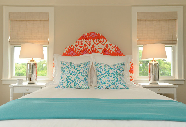 Cottage Bedroom. Cottage Bedroom with Turquoise Bedding with orange headboard. #Cottage #Bedroom #Turquoise Nina Liddle Design.