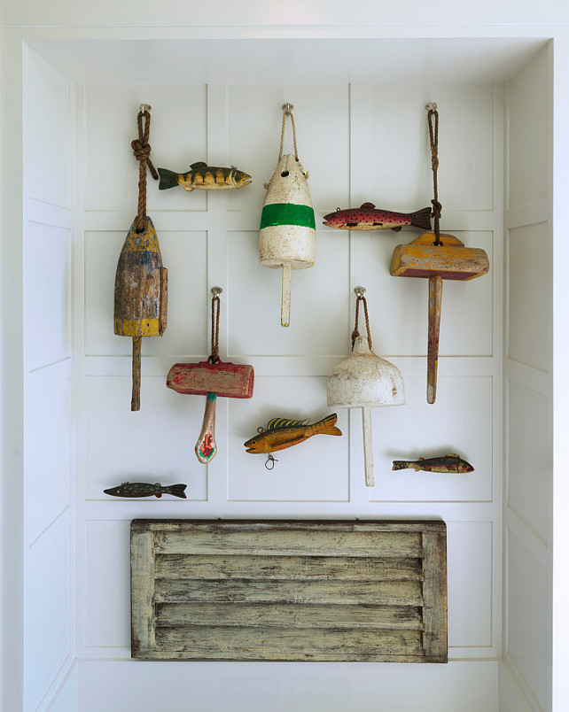 Cottage Decor Ideas. Easy Cottage Decor Ideas. Sea artifacts adorn this board and batten wall. Affordable Decor Ideas. #Cottage #CottageDecor #AffordableDecor. #CottageIdeas. #BoardBatten