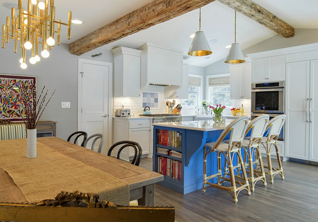 Cottage Kitchen. White Cottage Kitchen with Blue Island and Beamed Ceiling. #CottageKitchen Revision LLC.