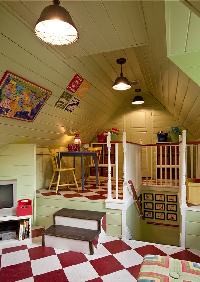 Attic Design Ideas. This attic was designed to be a playroom. Great usage of space. #Attic