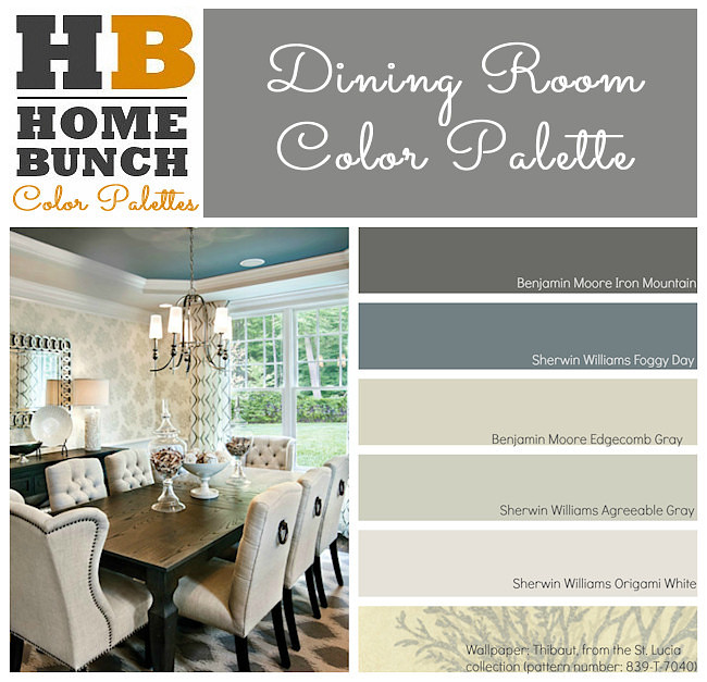 Dining Room Color Palette. Benjamin Moore Iron Mountain, Sherwin Williams Foggy day, Benjamin Moore Edgecomb Gray, Sherwin Williams Agreeable Gray, Sherwin Williams Origami White, St. Lucia wallpaper from Thibaut. #ColorPalette #DiningRoom #paintColor #DiningRoomColorPalette 