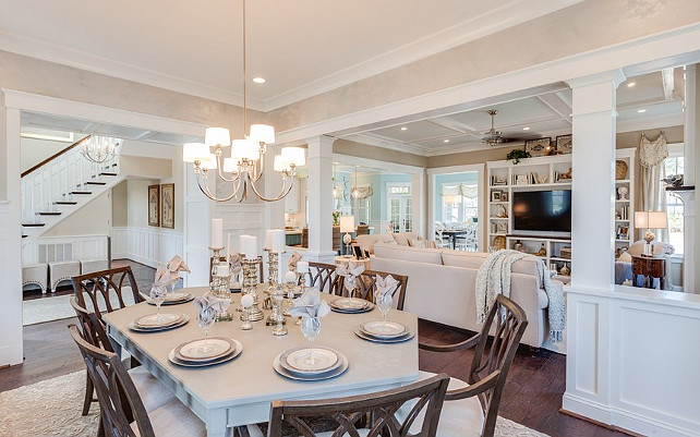 Hexagon table. A gray-washed hexagon table offers a unique way of accommodating more guests around the table when entertaining. I love this idea and wish I had it at home. Dining Room Decorating Ideas. Formal Dining room decor. #DiningRoomDecor #DiningRoom #DecoratingIdeas #DiningRoomDecoratingIdeas