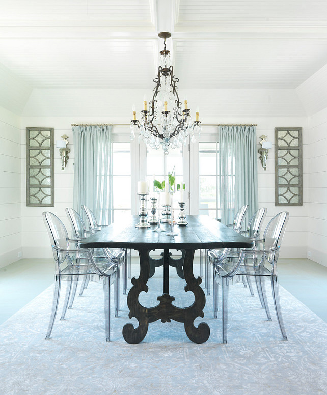 Dining Room. Cottage Dining Room. White Dining Room. Plank Floors Dining Room. Bleached Plank Floors. Dining Room Lighting. Dining Room Layout. Dining Room Furniture. Dining Room with horizontal ship lap walls with hand rubbed painted floor plank boards. #DiningRoom