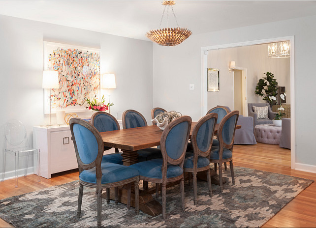 Dining Room. Dining Room with blue velvet chairs. Blue velvet chairs. Butter Lutz Interiors, LLC.