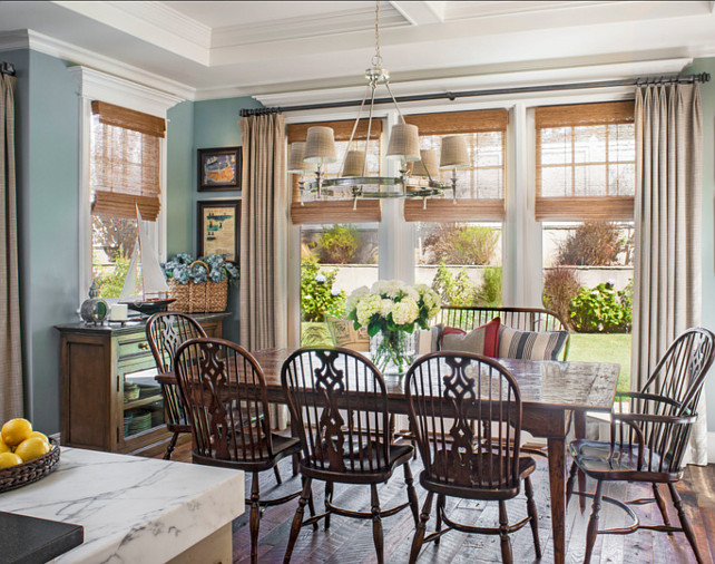Dining Room. I am loving this casual dining room. Chandelier from Visual Comfort. #DiningRoom #Interiors #HomeDecor