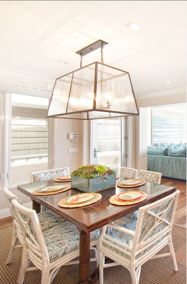 Dining room. Casual Dining Room. Coastal dining room design. Light fixture was custom made from Linden Rose in Corona del Mar. #diningRoom Brooke Wagner Design.