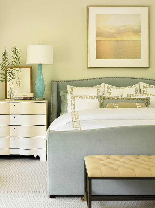 Summer Bedroom Decor. Elegant Bedroom with Coastal Colors. Bedding linens are from Leontine Linens. Interior Design by Beth Webb Interiors.