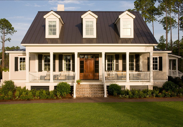 Exterior Paint Colors: Siding of the House Benjamin Moore Coastal Fog. Trim is Alabaster from Benjamin Moore. Shutters are painted in Sherwin Williams Green Black SW#6994. #Exterior #PaintColorIdeas