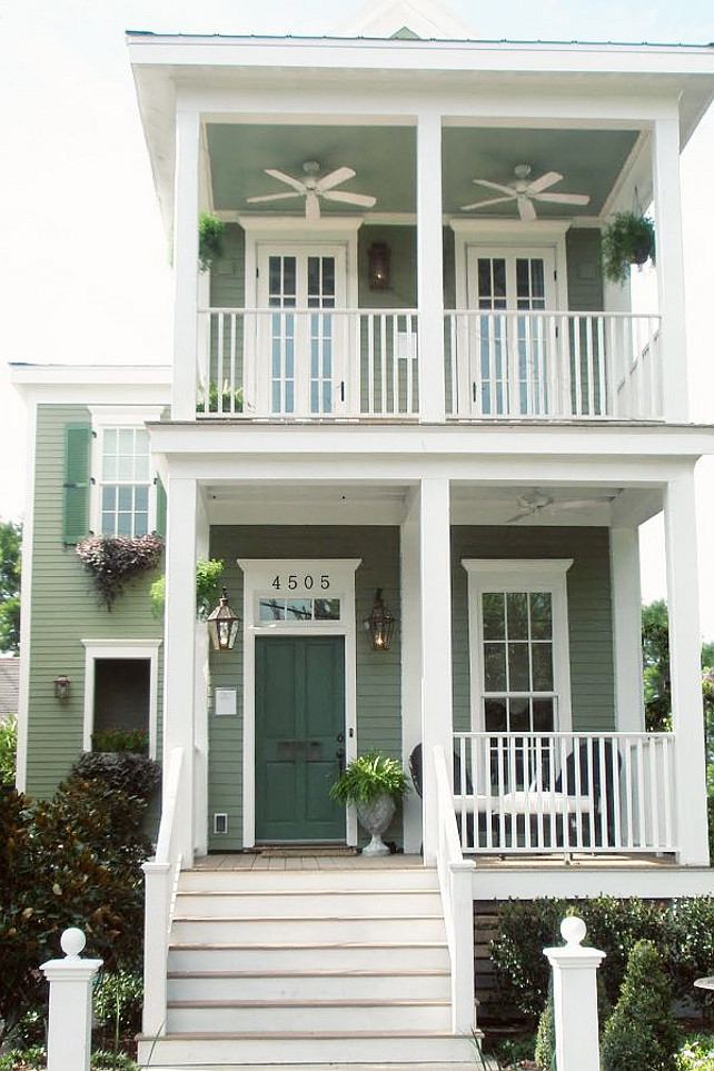 Exterior Paint Color. Siding and Front Door Paint Color. Raintree Green 1496 Benjamin Moore. Frostine AF-5 Benjamin Moore. From The Lettered Cottage.