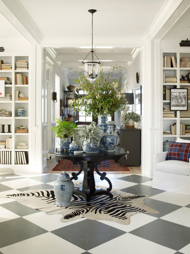 Foyer Decorating Ideas. Foyer with painted hardwood floors and lantern pendant lighting. #Foyer #FoyerDesign #FoyerDecor #FoyerLighting #Foyerflooring Burnham Design.