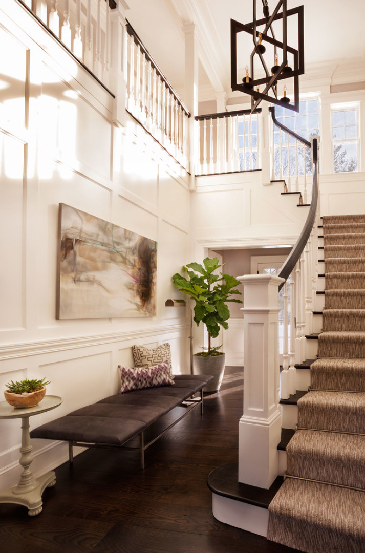 Foyer Design Ideas. Foyer Decorating Ideas. Foyer. Foyer Furniture. Foyer Staircase. #Foyer Bench is the "Ardmore Bench by Kasaboo Home" and staircase runner is the "Masland Carpet in Stone Mist". Garrison Hullinger Interior Design Inc.