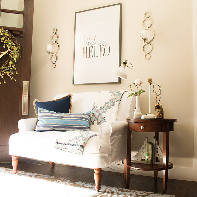 Foyer. Neutral foyer with settee. #Foyer #NeutralFoyer #settee Lindsay Hill Interiors.