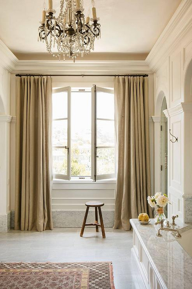 French Bathroom. French Bathroom with French Windows. French Bathroom with Linen Drapery. #FrenchBathroom Wendi Young Design.