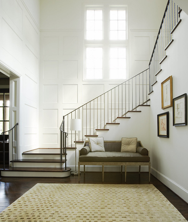 French Entryway Design. This French entryway was perfectly design. I love the staircase and the decor. Similar Paint Color: Benjamin Moore Cloud White CC-40 #French #FrenchInteriors #FrenchEntryway