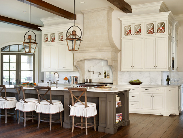 French Kitchen. French Kitchen with large island and skirted barstools. #FrenchKitchen #Kitchen #FrenchInteriors #SkirtedCounterstool #SkirtedBarstools Chenault James Interiors