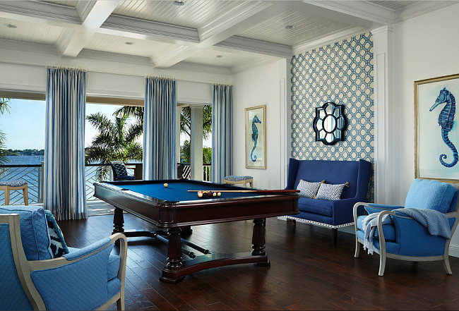 Game Room. Game Room Decor. Coastal game room with ocean view. Located on the second level of the house, the game room carries amazing water views and a blue and white motif. #GameRoom JMA Interior Design.