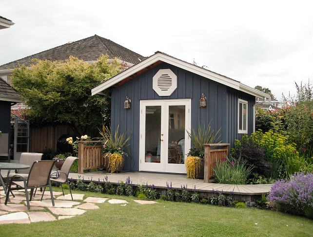 Garden Shed. The garden shed size is approximately 10 x 10. Shed paint color is Benjamin Moore HC-155 Newbury Port Blue in Flat finish. #Shed #Garden