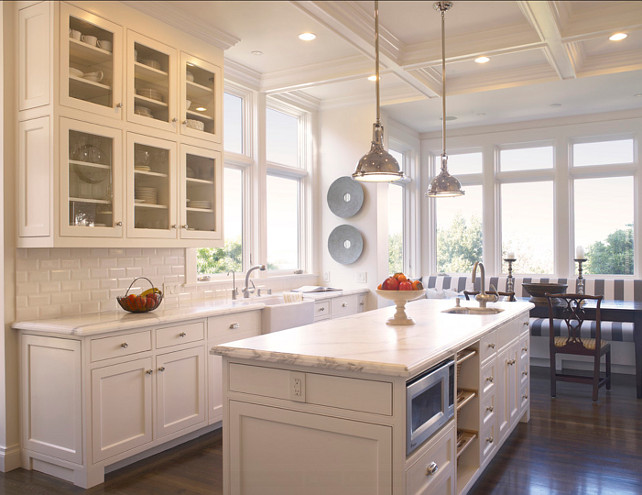 Kitchen. This kitchen has everything anyone can wish for: white cabinets, white marble countertop and porcelain white subway tiles. What a classic design! #Kitchen