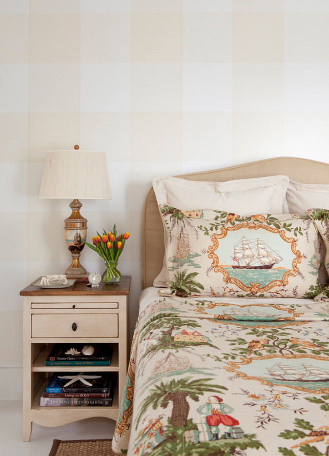 Gingham Wall Pattern. Coastal Bedroom Ideas. Neutral Coastal Bedroom #CoastalBedroom #Bedroom #CoastalInteriors Jeannie Balsam LLC.