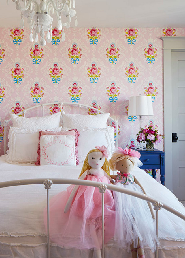Girls Bedroom with Floral Wallpaper. #Floral #Wallpaper #GirlBedroom Martha O'Hara Interiors.