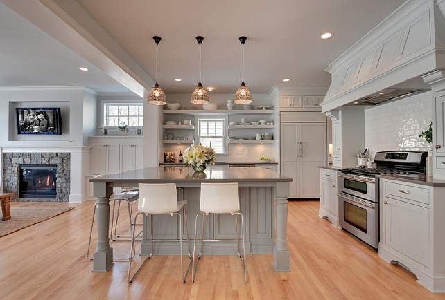 Gray Kitchen. Open Concept Gray Kitchen. Gray Kitchen Opens to Family Room. Gray Kitchen with open Shelves and white china. #GrayKitchen #OpenKitchen #OpenConcept #Kitchen Revision LLC.