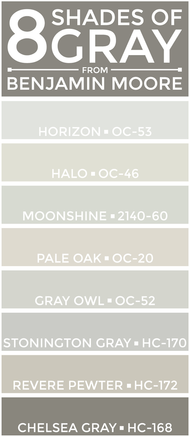 Horizon OC-53 Benjamin Moore, Halo OC-46 Benjamin Moore, Moonshine 2140-60 Benjamin Moore, Pale Oak OC-20 Benjamin Moore, Gray Owl Benjamin Moore, Stonington Gray HC-170 Benjamin Moore, Revere Pewter HC-172 Benjamin Moore, Chelsea Gray HC-168 Benjamin Moore, Via galleryhip