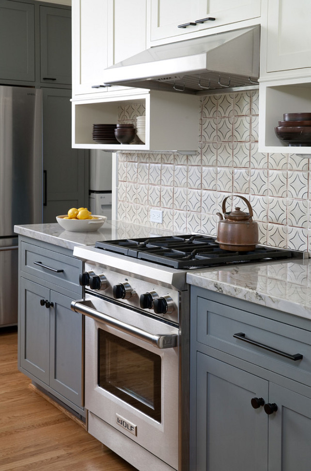 Gray and White Kitchen Cabinet Ideas. Kitchen with gray lower cabinets and white upper cabinets. #Kitchen #KitchenGrayLowerCabinets Jessica Risko Smith Interior Design.