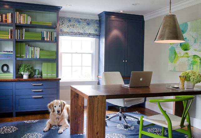 Home Office. Home Office with navy cabinets. #HomeOffice #Navy #paintColor #Cabinet Kristina Crestin Design.