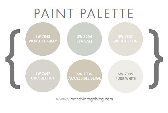 Home Paint Color Palette. Home Paint Color Palette.  Sherwin Williams SW 7043 Wordly Gray. Sherwin Williams SW 6204 Sea Salt. Sherwin Williams SW 7627 White Heron. Sherwin Williams SW 7647 Crushed Ice. Sherwin Williams SW 7036 Accessible Beige. Sherwin Williams SW 7005 Pure White. #PaintColorPalette