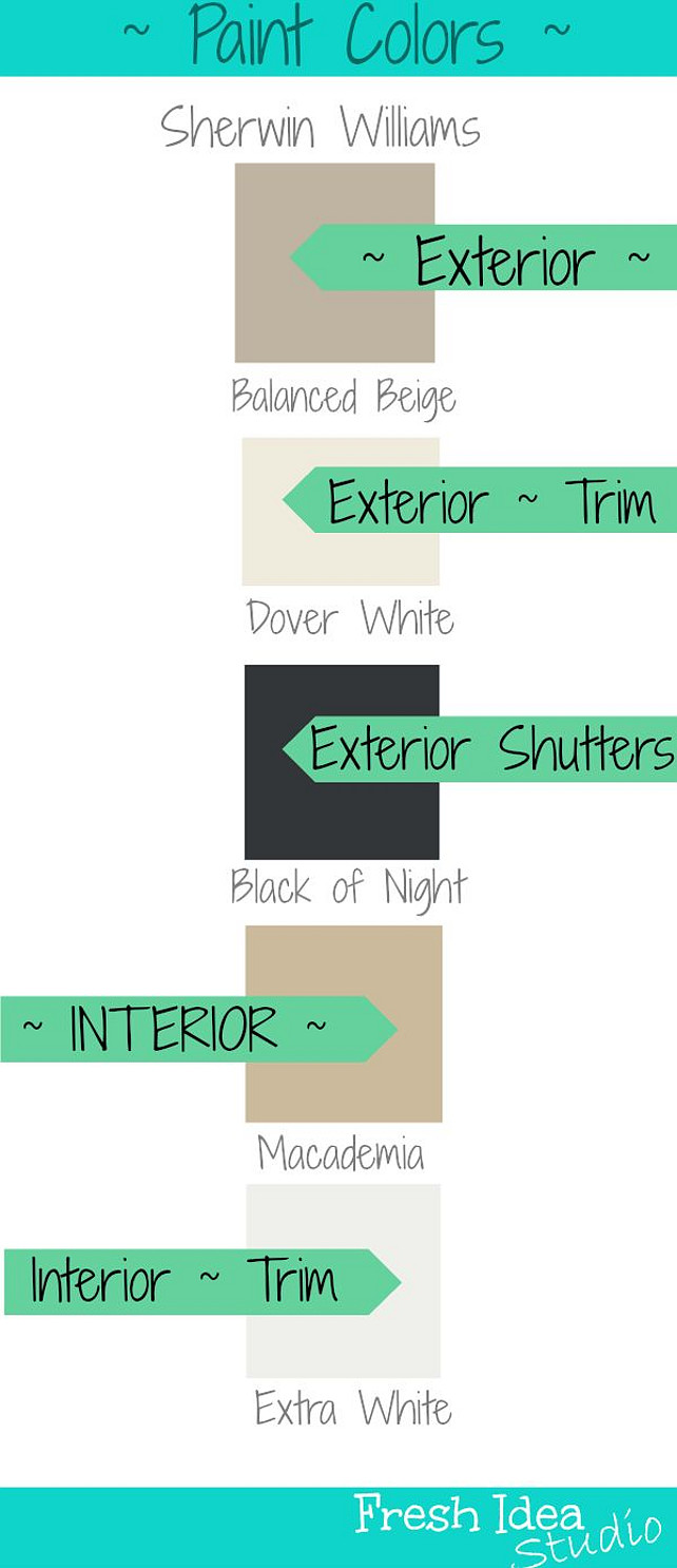 Indoor and Outdoor Paint Color. Entire House Paint Color Ideas. Indoor and Outdoor Paint Ideas. Exterior Paint Color Balanced Beige Sherwin Williams. Exterior Trim Paint Color Dover White Sherwin Williams. Exterior Shutter Paint Color Black of Night Sherwin Williams. Interior Paint Color Macadamia Sherwin Williams. Trim Paint Color Extra White Sherwin Williams. Via Fresh Idea Studio.