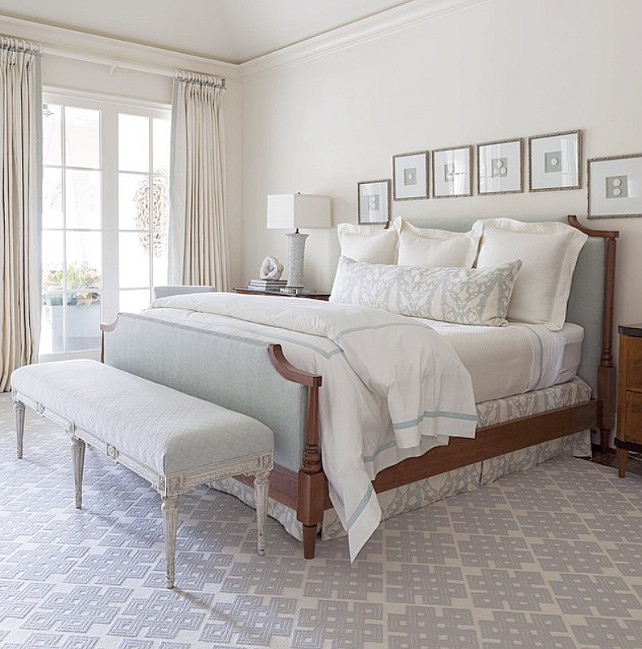Ivory and Blue Gray Bedroom. Master bedroom with ivory wall paint color and blue gray bedding and decor. #MasterBedroom #Ivory #IvoryPaintColor #IvoryBedroom #BlueGrayBedroom Collins Interiors.