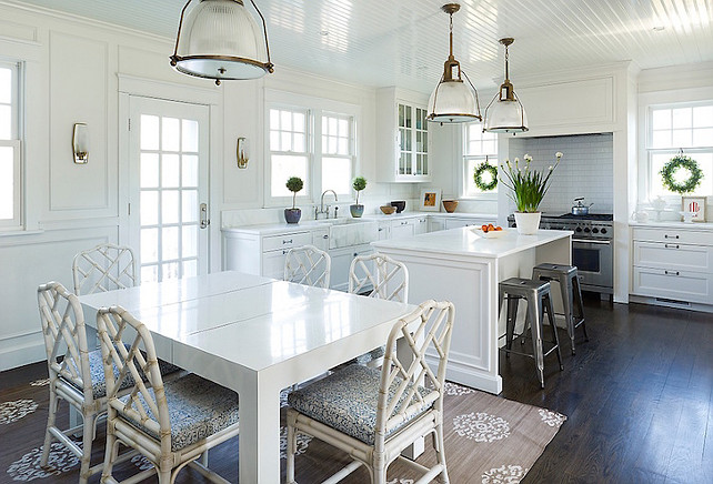 KItchen. Kitchen features a white beadboard ceiling dotted with a pair of Hudson Valley lighting Haverhill Pendants. #Kitchen #KitchenPendants Kimberly Gieske