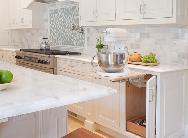 Kitchen Cabinet Ideas. New Kitchen Cabinet Ideas. Kitchen Mixer lift. #Kitchen #KitchenCabinet #NewKitchenCabinet #NewKitchenCabinetIdeas #Mixerlift Countertop is Calcutta Regina Marble. Kitchen Design Concepts