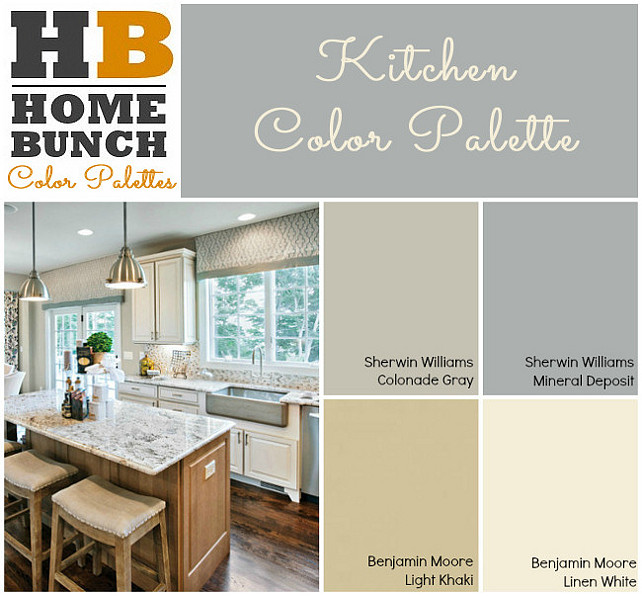 Kitchen Color Palette. Sherwin Williams Colonade gray, Sherwin Williams Mineral Deposite. Benjamin Moore Light Khaki. Benjamin Moore Linen White. #ColorPalette #ColorScheme #Kitchen