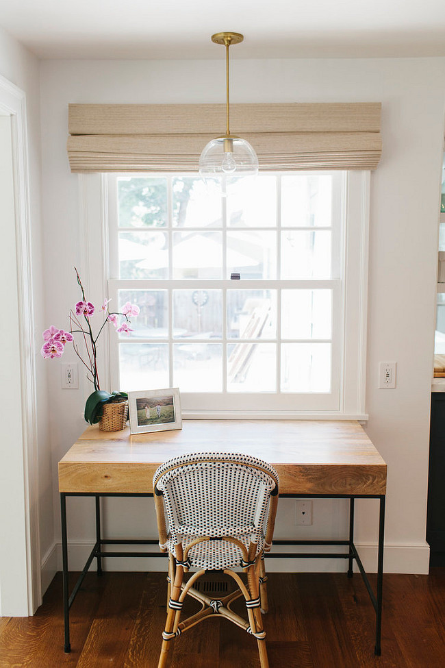 Kitchen Desk Ideas. Desk placed by kitchen for small tasks. Pendant light is similar to "Mid Century Modern 10" Globe Pendant Light - Clear Glass Globe - The Orbiter 10 with Brass Stem" by SanctumLighting. Kitchen computer station. #Kitchen #Desk Shea McGee Design.