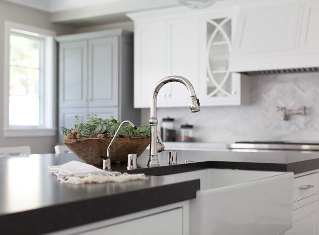 Kitchen Faucet. Kitchen Island Faucet Ideas. Kitchen island with apron sink and faucet by Kohler. #Kitchen #Faucet #ApronSink #KohlerFaucet Brooke Wagner Design.